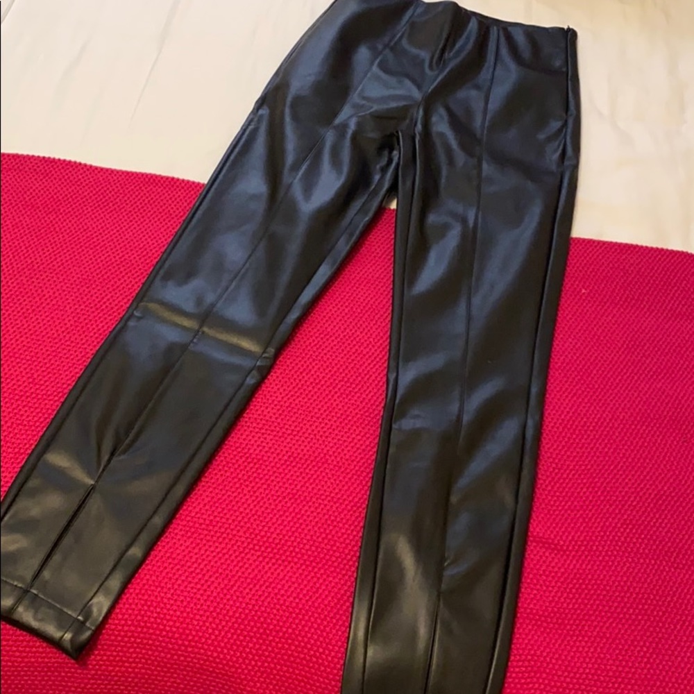 Black Faux Leather Split Leg Pants